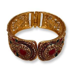 Indian Style Red Green Stone Gold Clamper Bracelet